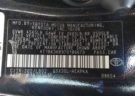 2007 Toyota Avalon Limited из США, поврежденный, VIN 4T1BK36B97U186679